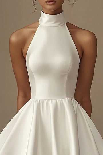 White Halter A Line Ruched Short Graduation Dress